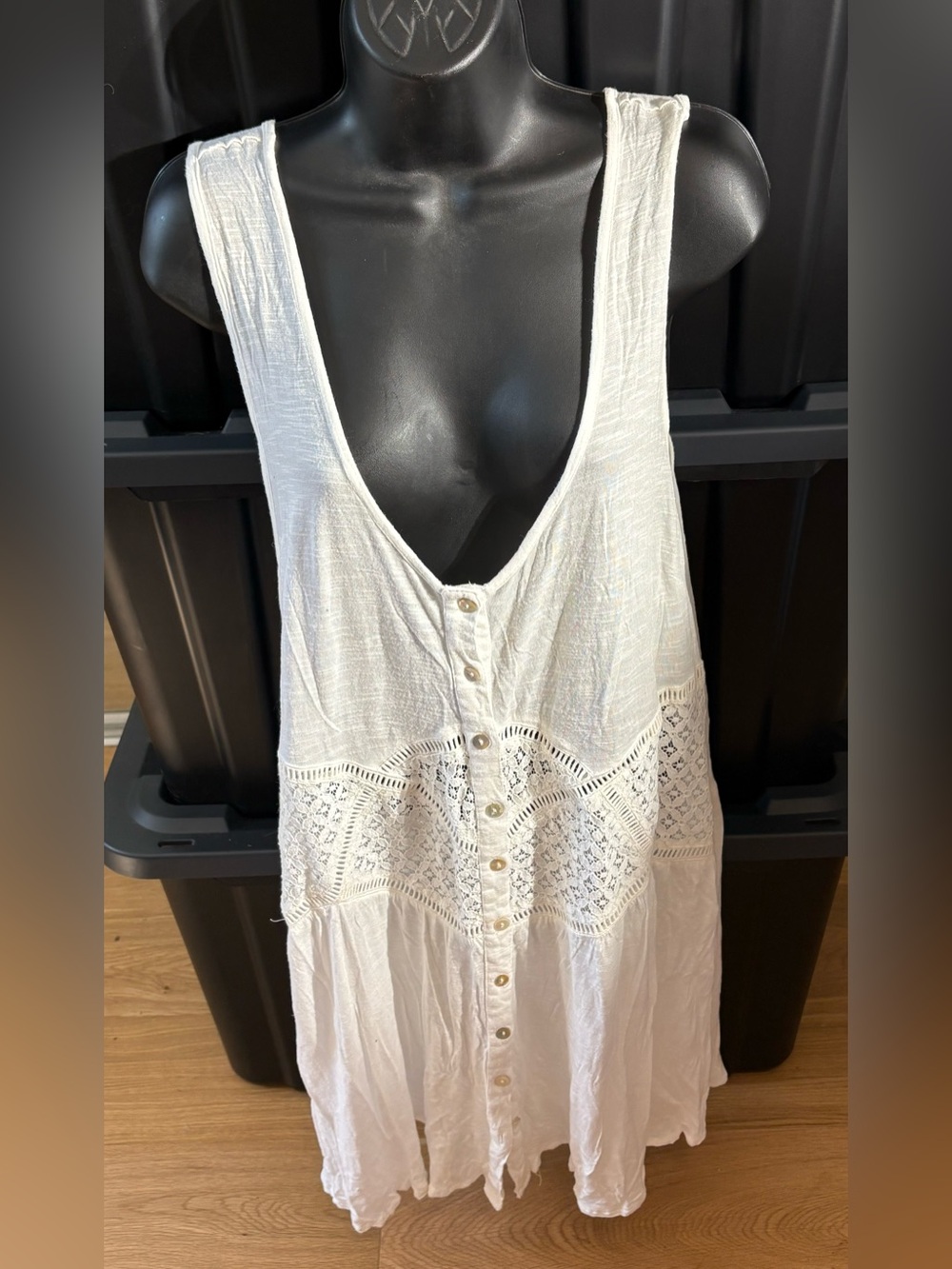 Women's White Tank With Lace Accents and Button-Front